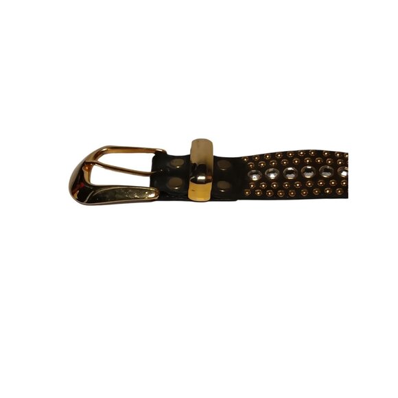 Womens Black Leather Crystal Rhinestone Studded Belt Brass Buckle 28\
